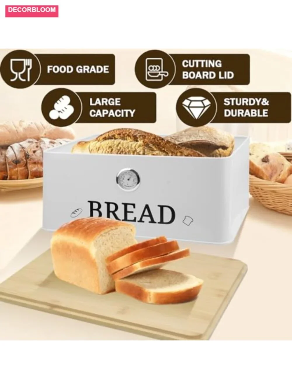 Bread Box with Bamboo Lid Cutting Board Hygrometer